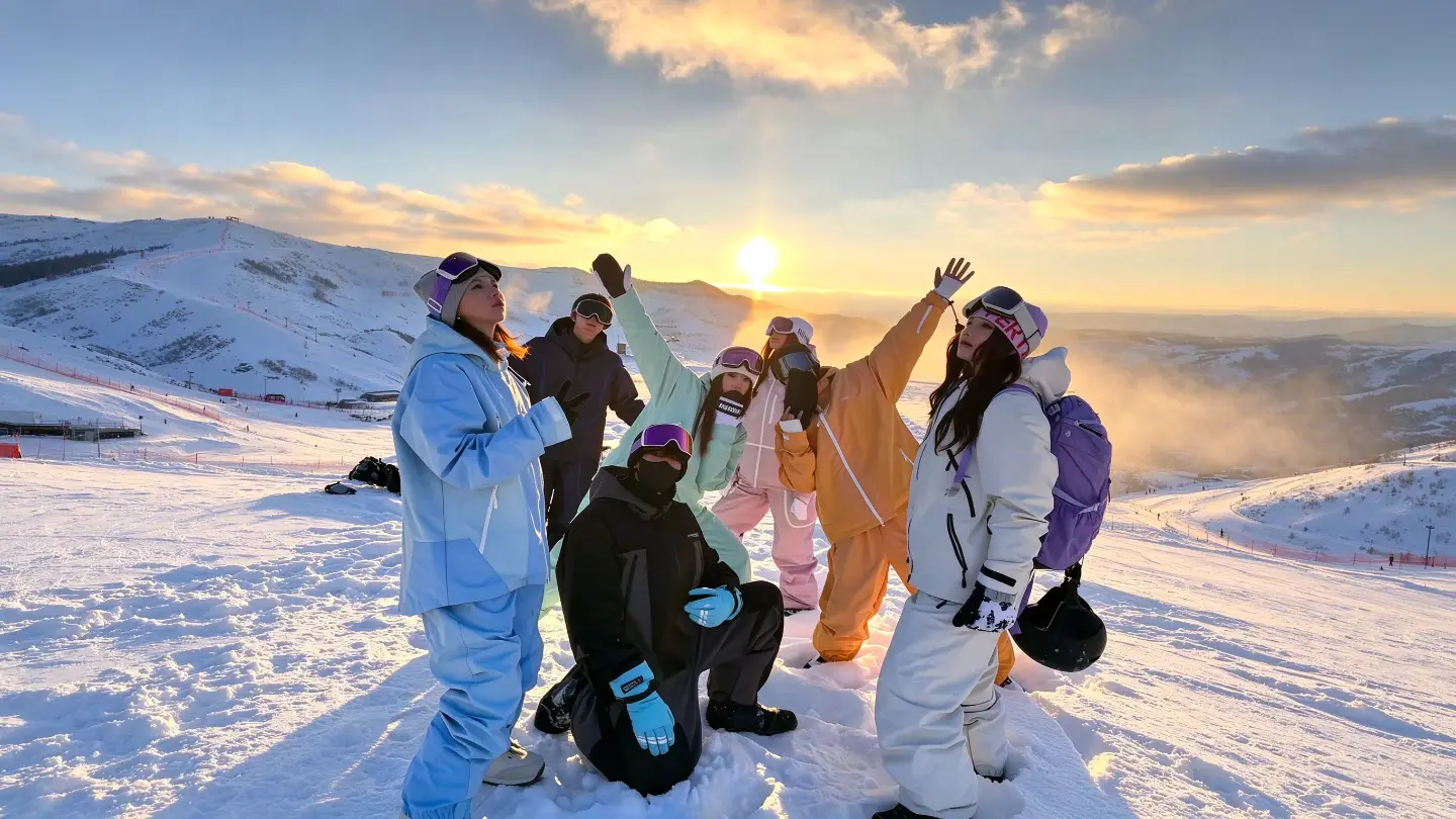 Skiers at sunset on a snowy Altay slope in Xinjiang