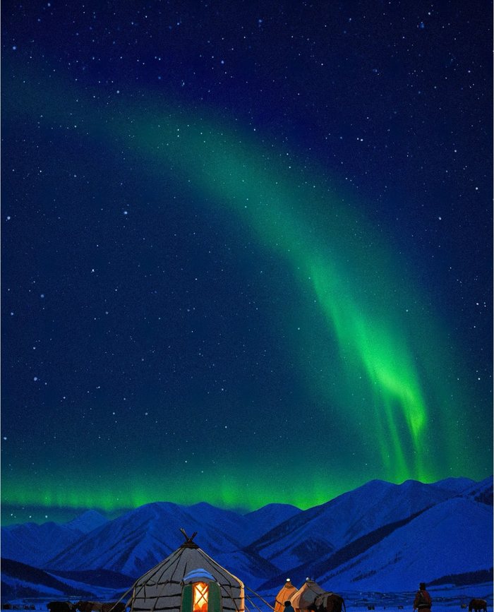 Aurora over a snowy yurt