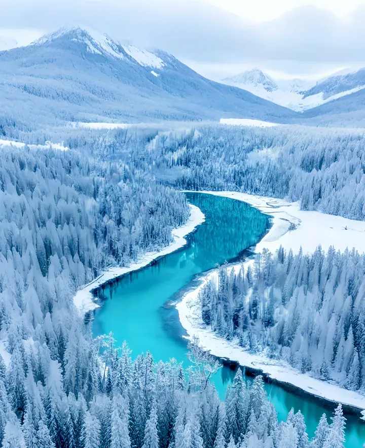 Aerial view of the turquoise S-bend river in the snowy Habaha landscape